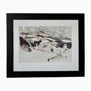Paisaje de montañas nevadas, acuarela, 1944, enmarcado