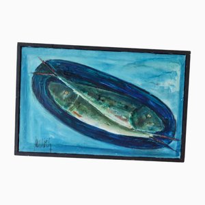 Alamarbach, Fish on a Platter, 1960s, Oil on Canvas, Framed