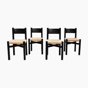 Chaises Vintage en Bois et Rotin par Charlotte Perriand, 1980, Set de 4