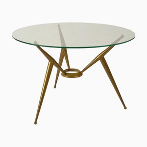 Tripod Round Italian Brass and Glass Coffee Table, 1950s