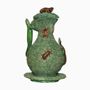 Victorian Portuguese Mafra Palissy Ware Ewer Jug & Saucer, 1880s