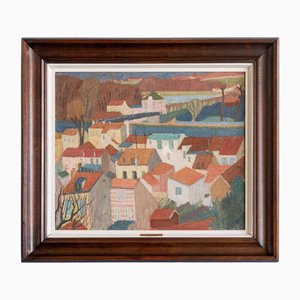 Henri Mahé, Town on the River, Oil Painting on Canvas, 1930s, Framed