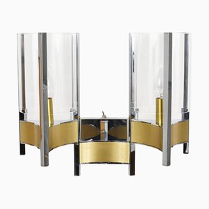 Applique da parete in metallo cromato, ottone e vetro attribuite a Gaetano Sciolari, anni '70, set di 2