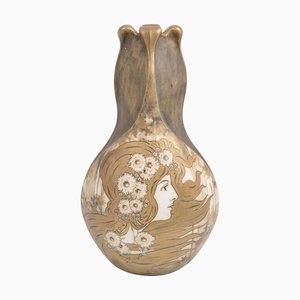 Art Nouveau Bohemian Ceramic Vase Amphora with Floral Female Portrait, 1890s