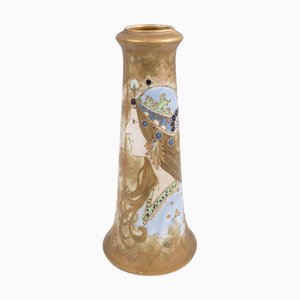 Vase Bohemian Portrait de Femme Art Noveau en Bleu et Doré, 1890s