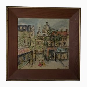 Monick, Place du Tertre, París, años 50, óleo sobre aglomerado