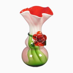 Vintage 20th Century Murano Glass Vase in Submerged Red Green Flower Relief Ornament, 1970s