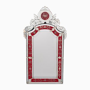 Espejo de pared veneciano vintage grande de vidrio grabado en rojo, años 60