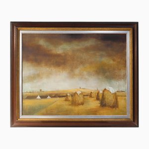 Frank Bogaert, Hay Landscape, 1950s, Huile sur Panneau, Encadré