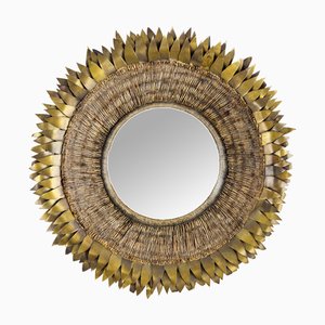 French Gilded Brass and Talosel Convex Round Wall Mirror attributed to the Atelier Line Vautrin