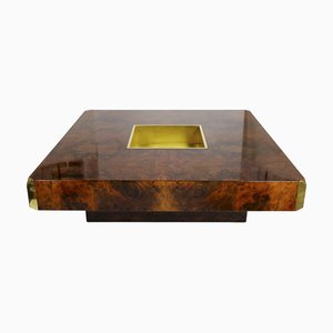 Mid-Century Modern Italian Burl and Brass Coffee Cocktail Table by Mario Sabot, 1970s