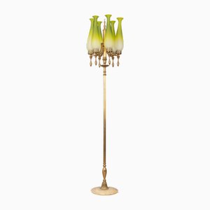 Vintage Floor Lamp in Brass and Green Glass, 1950s