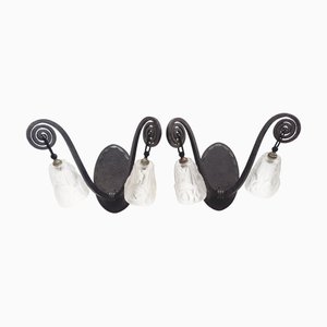 French Wrought Iron Sconces with Molded Glass Shades by Maison Degué, Set of 2