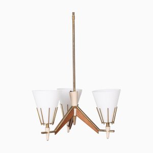 Suspension Vintage en Bois et Verre Opalin, 1950s