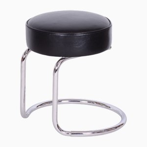Tschechischer Bauhaus Hocker aus Verchromtem Stahl & Leder, 1950er