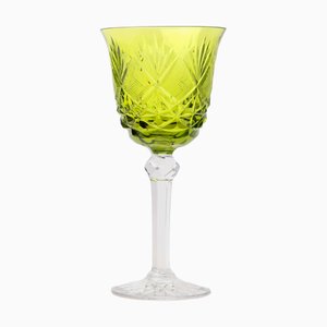 Vintage Bohemian Lime Peridot Cut to Clear Wine Water Goblet, 1950s, Set of 10