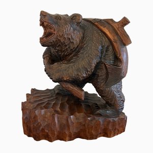 Large Japanese Edwardian Carved Linden Wood Bear Carrying a Fish, 1900s