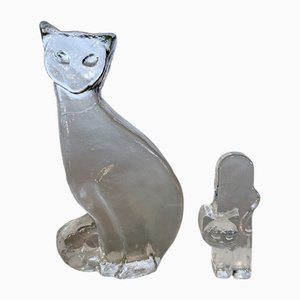 Statuette a forma di gatto in vetro di Bertil Vallien per Kosta Boda, Svezia, anni '70, set di 2