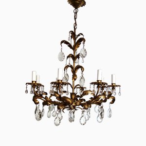 Lustre Vintage en Métal Doré et Cristal, Italie, 1960s