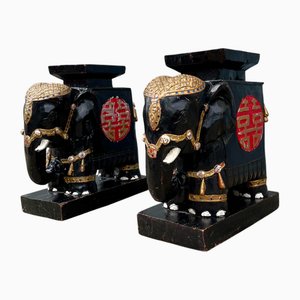 Antique Chinese Elephant Plant Stands in Painted Wood, 1890s, Set of 2