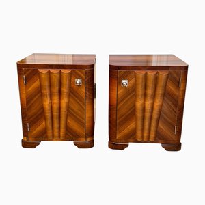 Bauhaus Art Deco Nightstands in Walnut Root Veneer and Conical Columns, 1930s, Set of 2
