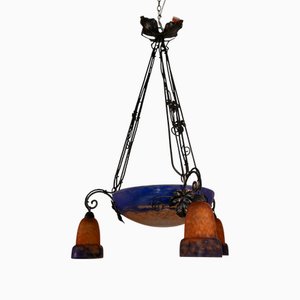 Art Deco Wrought Iron and Pate de Verre Lamp by G. V. Croismare for Muller Frères, France, 1925