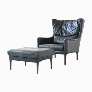 Set aus Sessel und Fußhocker aus Leder von Illum Wikkelso, Dänemark, 1960er