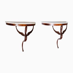 Consolas de pared Demi-Lune antiguas de pluma de caoba, Nápoles, siglo XIX. Juego de 2