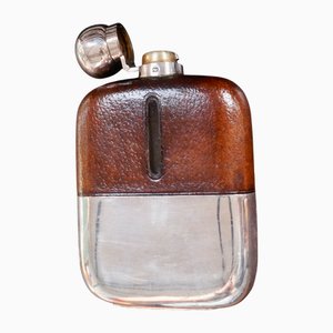 Antique Silver Plated Leather Bound Hip Flask by James Dixon & Sons, 1920s