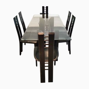 Italian Glass and Wood Table and Chairs, 1980s, Set of 7