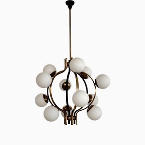 Lustre Mid-Century en Laiton et Verre Opalin de Stilnovo, Italie, 1950s