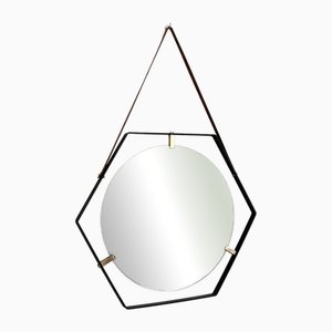 Italian Esagonal Floating Wall Mirror with Leather Strap and Brass Details, 1960s