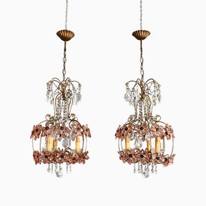 Lámparas de araña italianas modernistas de cristal de Murano rosa y latón, principios de 1900, década de 1890. Juego de 2