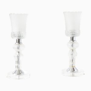 French Table Lamps in Sandblasted Glass, Glass and Chrome by Eric Katz, 20th Century, Set of 2