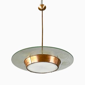 Lampada Mid-Century moderna in vetro con decorazione in rame, Italia, anni '40