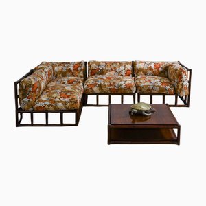 Bamboo Modular Sofa and Coffee Table with Wooden Shelves, 1970s, Set of 5