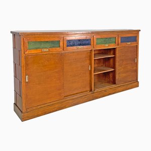 Italienisches Art Deco Sideboard aus Holz mit Grünem & Blauem Buntglas, 1930er