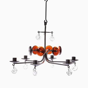 Hand-Forged Chandelier for 6 Candles with Hanging Glass Medallions in Iron and Glass by Erik Höglund for Boda Smide, Sweden, 1965