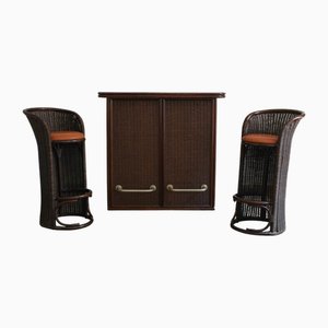 Bamboo, Wood, and Wicker Bar Cabinet and Stools with Leather Upholstered Seats, Italy, 1970s, Set of 3