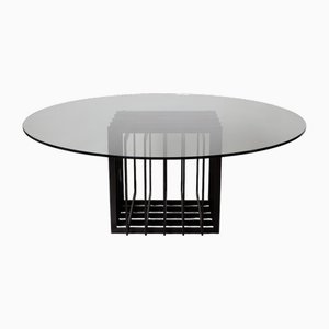 Mesa de comedor grande de vidrio y metal, años 80