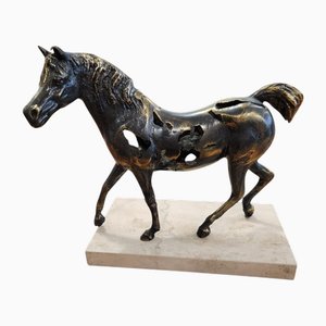 Skulptur von Pferd, 1990er, Bronze mit Travertin-Marmorsockel