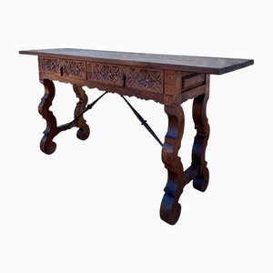 Table Console avec Deux Tiroirs Sculptés et un brancard en Fer, Espagne, 1890s