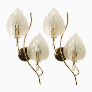 Murano Glass and Brass Leaves Wall Sconces, Italy, 1960s, Set of 2