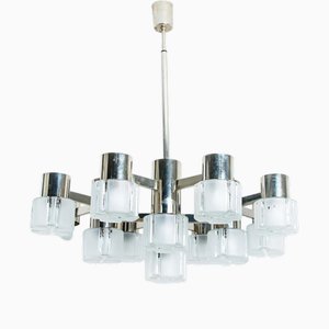 Lampadario a 13 luci in metallo cromato e vetro di Murano attribuito a Sciolari, anni '70