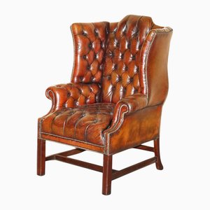 Antique Bordeaux Leather Tufted Chesterfield Wingback Armchair, 1920s