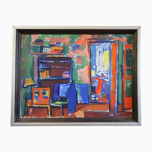 Interior vibrante, pintura al óleo, enmarcado