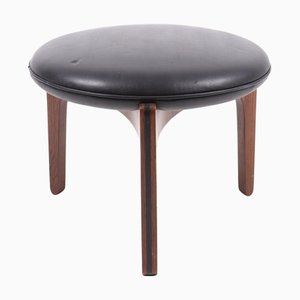 Mid-Century Stool Ottoman in Patinated Leather and Rosewood by Sven Ellekaer for Christian Linneberg, Denmark, 1960s