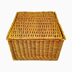 Large Wicker Log Basket with Lid and Handles, 1960s