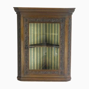 Meuble d'Angle Antique en Bois Sculpté avec Porte en Verre