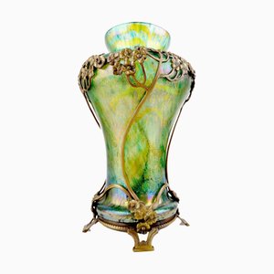 Vase Art Nouveau en Verre Irisé avec Incrustation en Bronze et Fleur d'Hortensia, 1900s